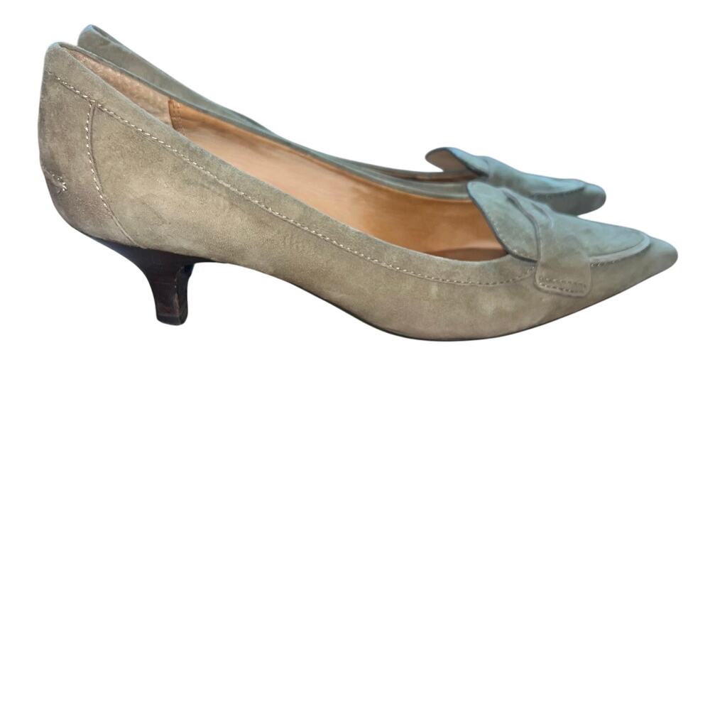 Vintage Coach Taupe Suede Size 7.5 Kitten Heel Pumps Olive Green Pointed Toe - Picture 3 of 12